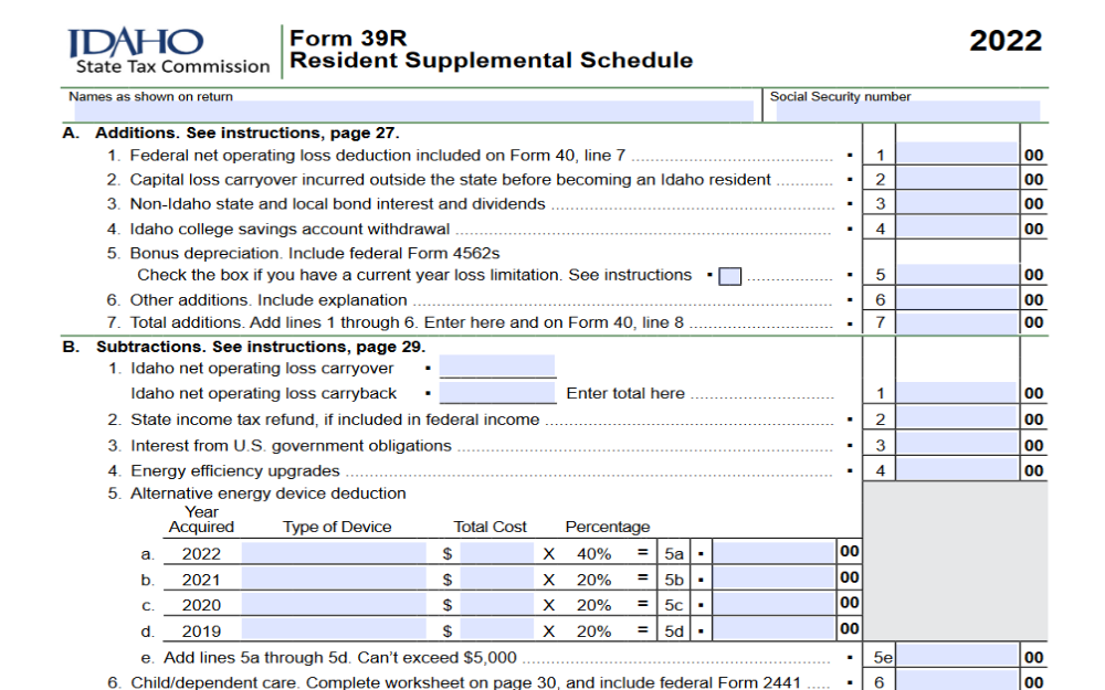 Screenshot displaying the 2022 Idaho State Tax Commission Form 39R, which is the Resident Supplemental Schedule.