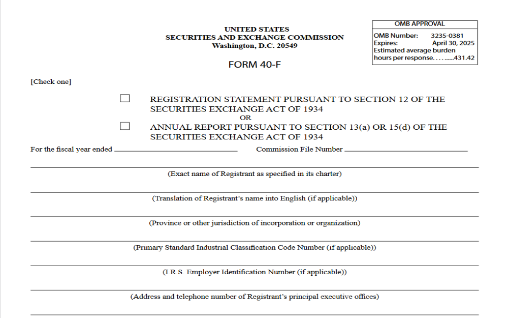 Screenshot of the United States Securities and Exchange Commission's Form 40-F application document.